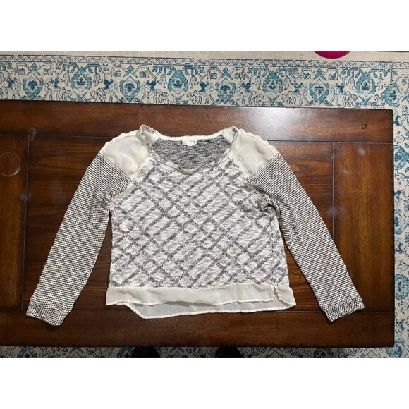 Maison Jules Sweater Boxy Cream & Black Geometric Pattern Mixing Sheer Shoulder - Picture 6 of 6